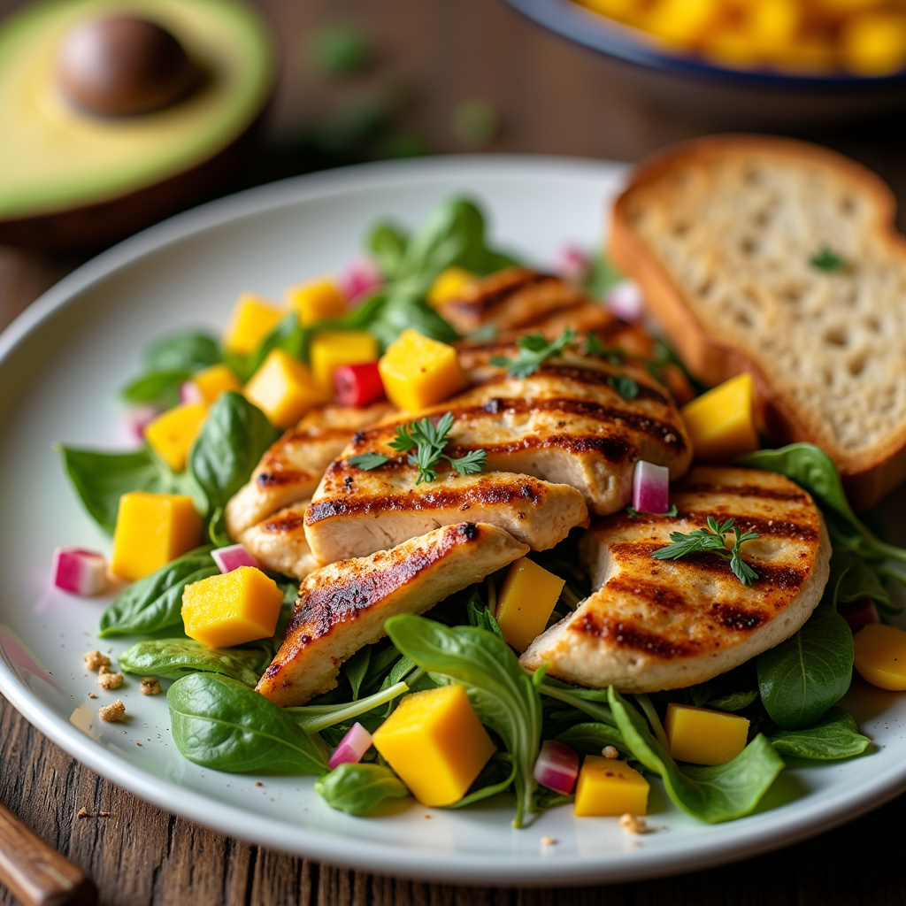 Grilled chicken mango salad with whole wheat toast. Natural light, vibrant colors, 8k quality, Acompanhamentos para salada de frango com manga.