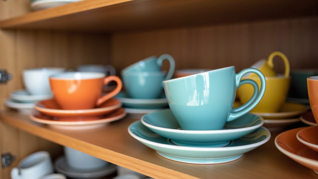 Grouping teacups and saucers by color or style in a Brazilian kitchen cabinet, creating a visually Agrupamento de xícaras por cor e estilo.