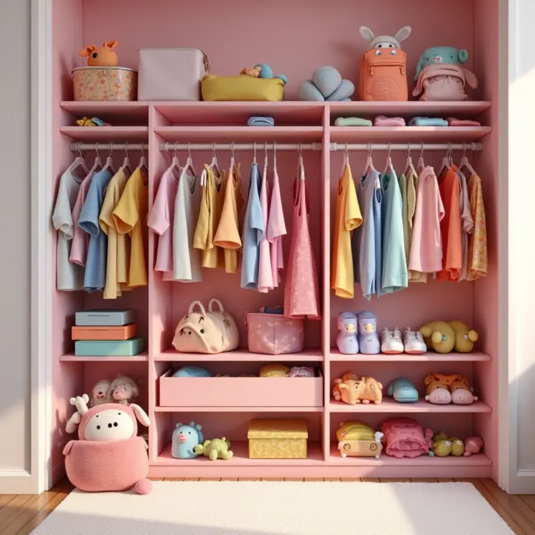 Um guarda-roupa infantil feminino organizado e cheio de roupas coloridas.