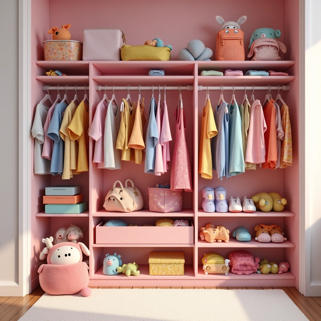 Um guarda-roupa infantil feminino organizado e cheio de roupas coloridas.