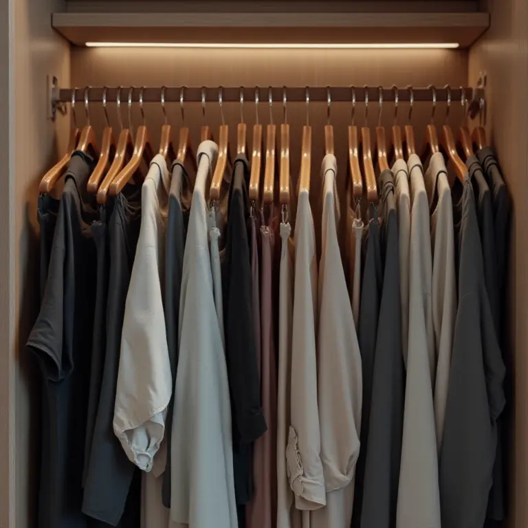 Um guarda-roupa organizado com cabides iguais, transmitindo uma sensação de ordem e cuidado.