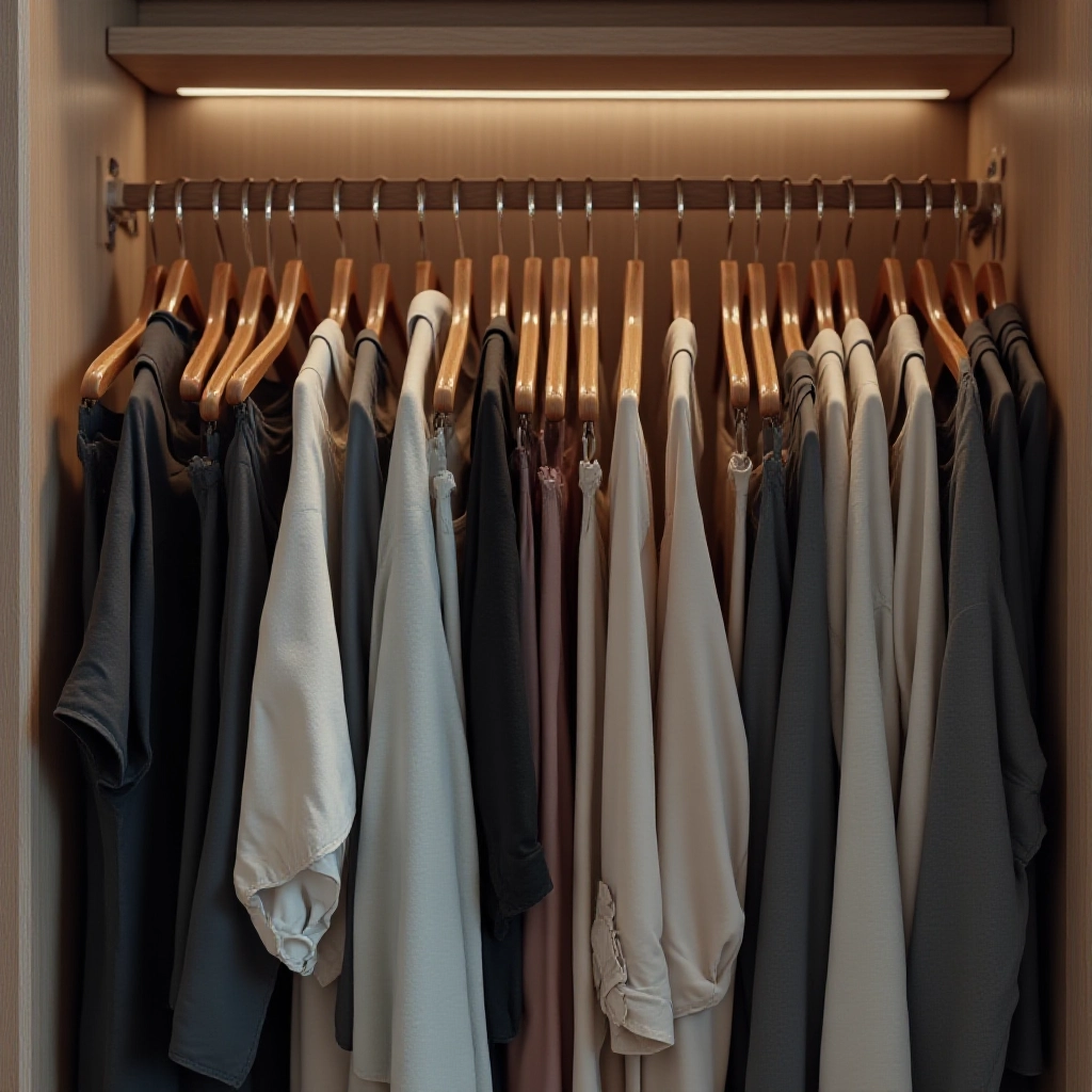 Um guarda-roupa organizado com cabides iguais, transmitindo uma sensação de ordem e cuidado.