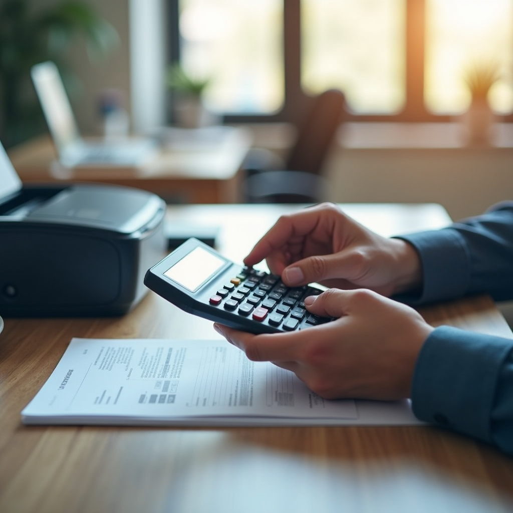 Hand calculating printer toner cost per page, calculator, office setting, natural light, commercial Calculando custo por página do toner.