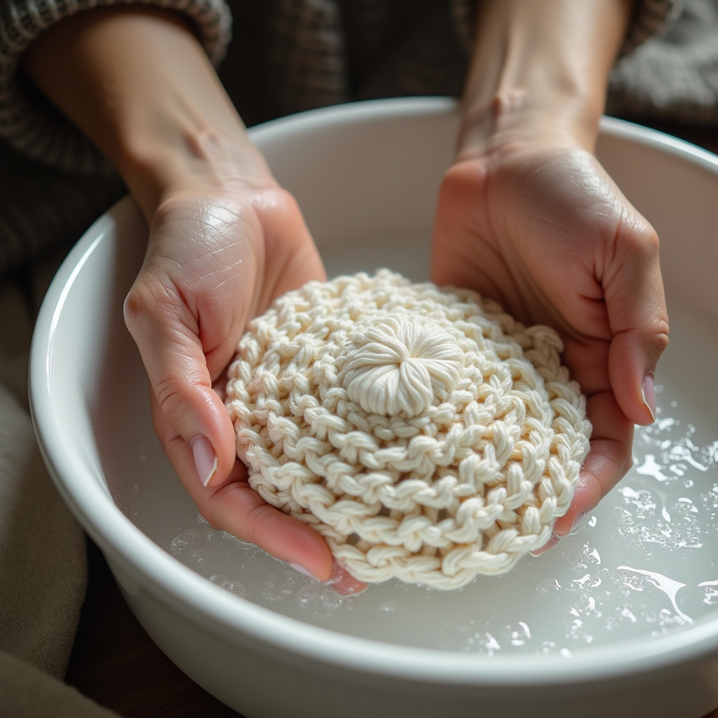Hands gently washing a crochet rug in a basin with soapy water, soft light, delicate fabric, 8K Lavando tapete de crochê à mão com água e sabão neutro.