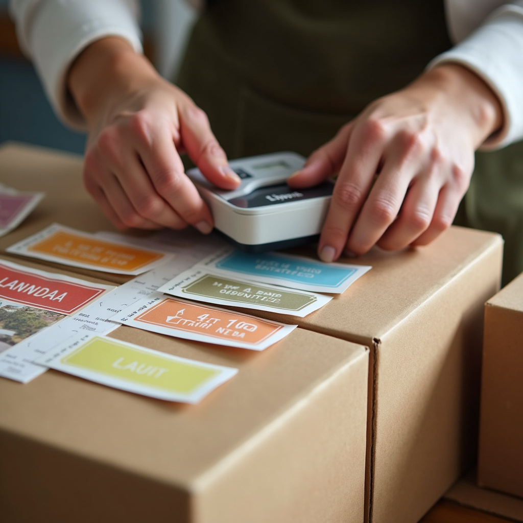 Hands labeling boxes with a label maker, colorful labels, organization, Brazilian home, 8K, Etiquetando caixas organizadoras.