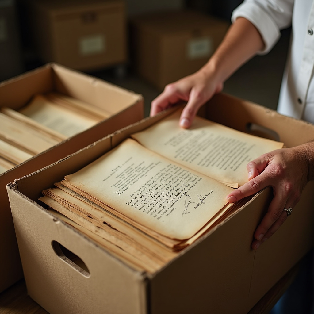 Hands placing old documents in acid-free boxes, labeled, warm light, Brazilian style, 8K quality, Documentos antigos organizados em caixas.