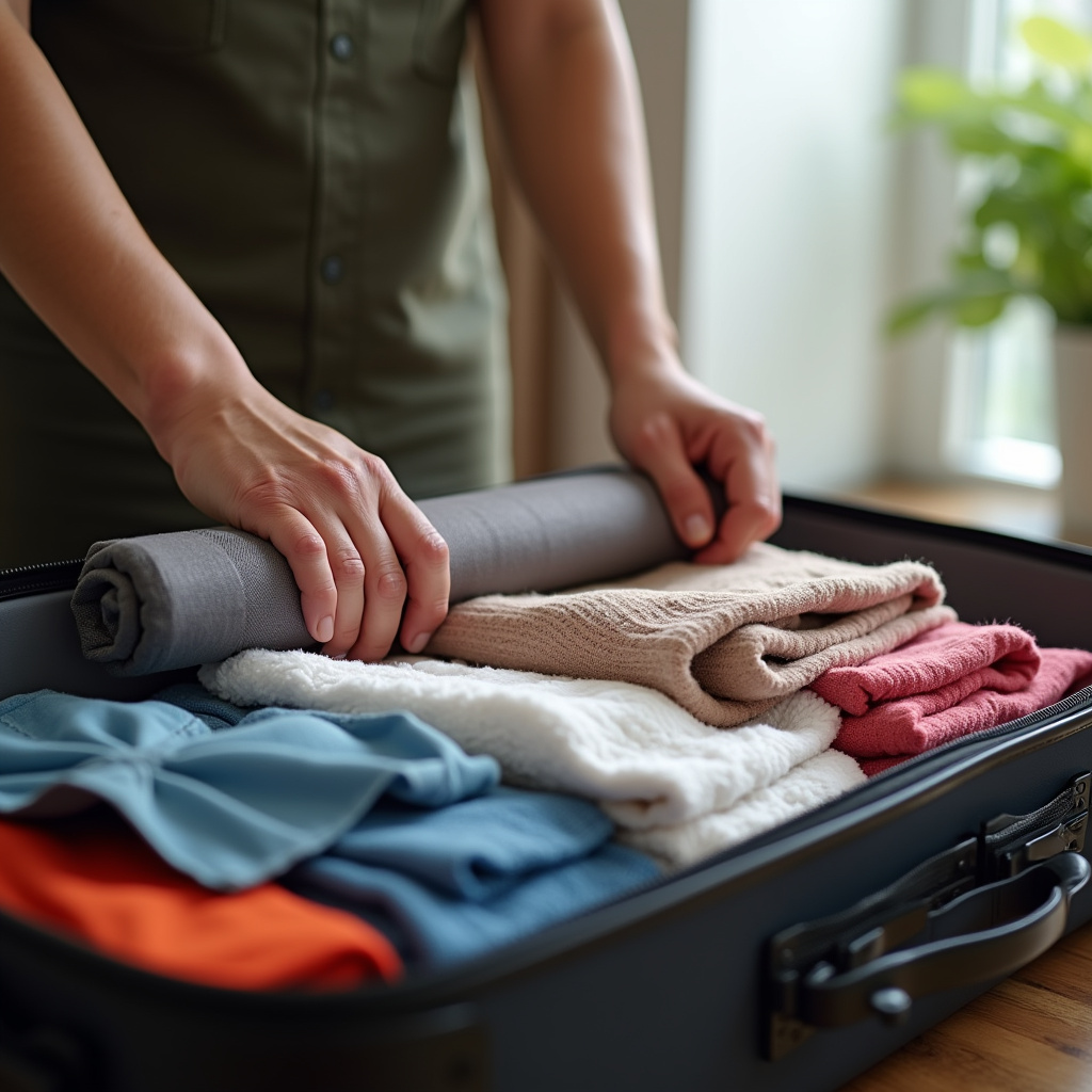 Hands rolling clothes in suitcase, vacuum bags, travel organization, natural light, 8K quality, Técnicas de dobragem para mala.