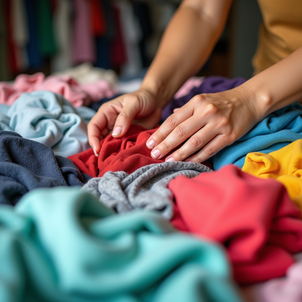 Hands sorting through a pile of clothes for donation, bright summer colors, natural light, 8K Mãos separando roupas para doação.