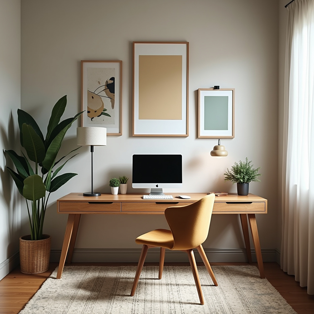 Home office corner in bedroom, desk with organizers, comfortable chair. Natural light, 8k quality, Cantinho de estudos/trabalho no quarto.