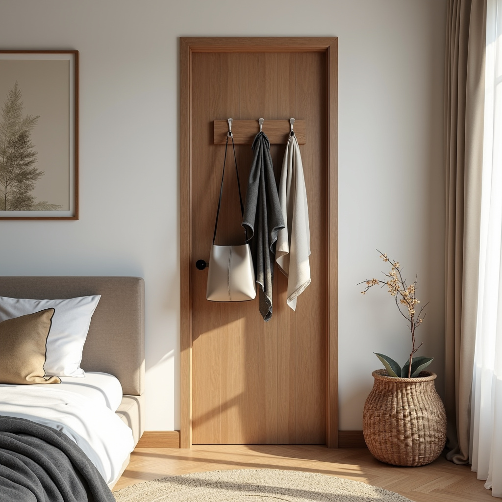 Hooks and hangers behind the bedroom door, hanging bags and scarves. Natural light, 8k quality, Ganchos e cabides atrás da porta do quarto.