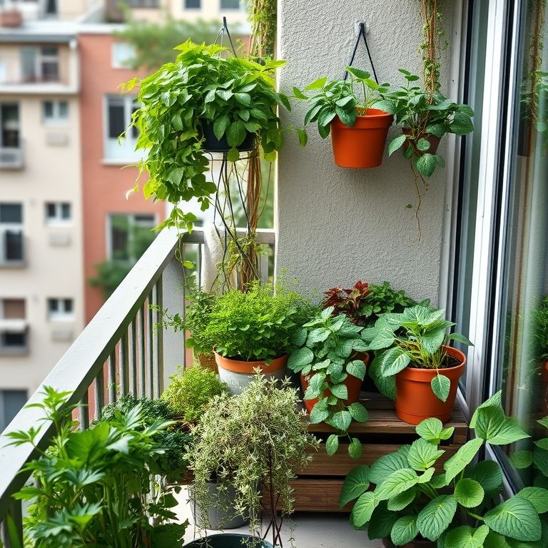 Horta vertical em varanda ensolarada com diversas plantas.