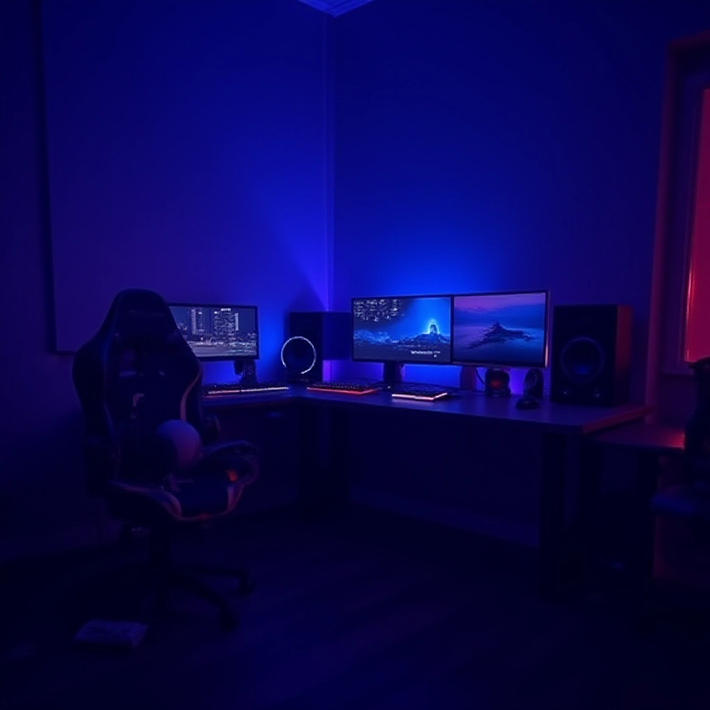 Iluminação RGB vibrante destacando elementos do quarto gamer.