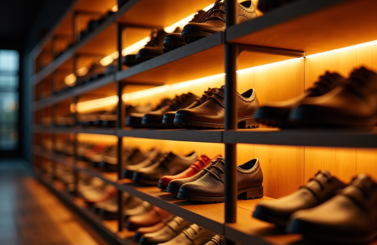 Iluminação embutida nas prateleiras para destacar os sapatos.