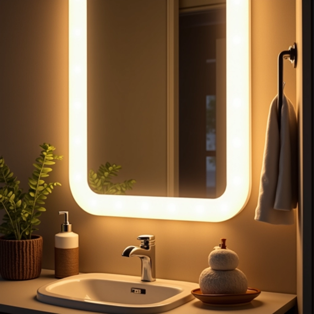 Luzes LED embutidas no espelho do banheiro, valorizando a decoração.