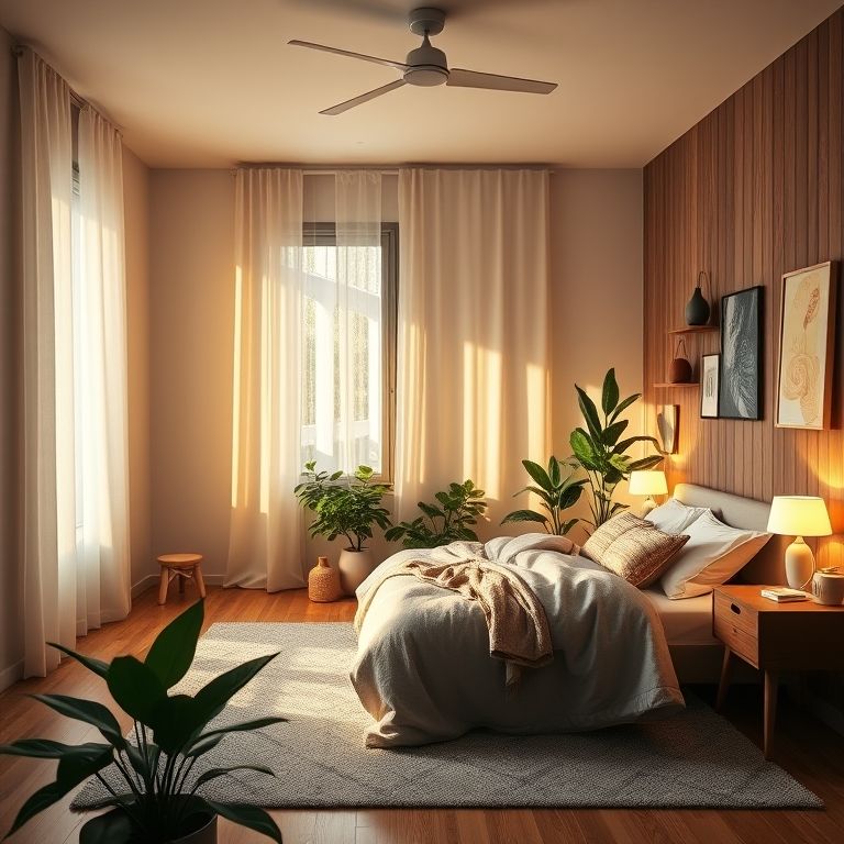 Iluminação inteligente controlada por Alexa em quarto aconchegante.