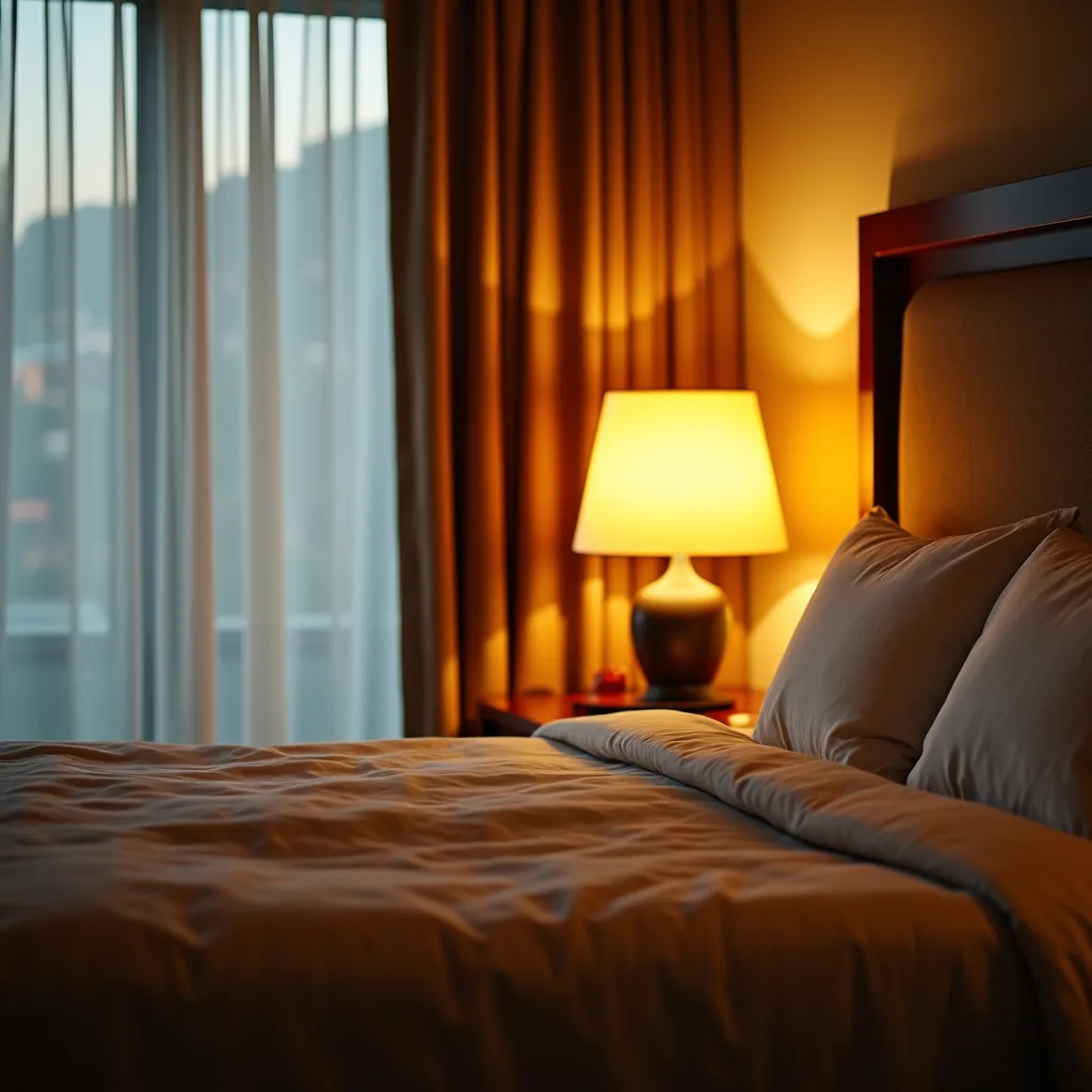 Iluminação natural e artificial em um quarto de hotel.