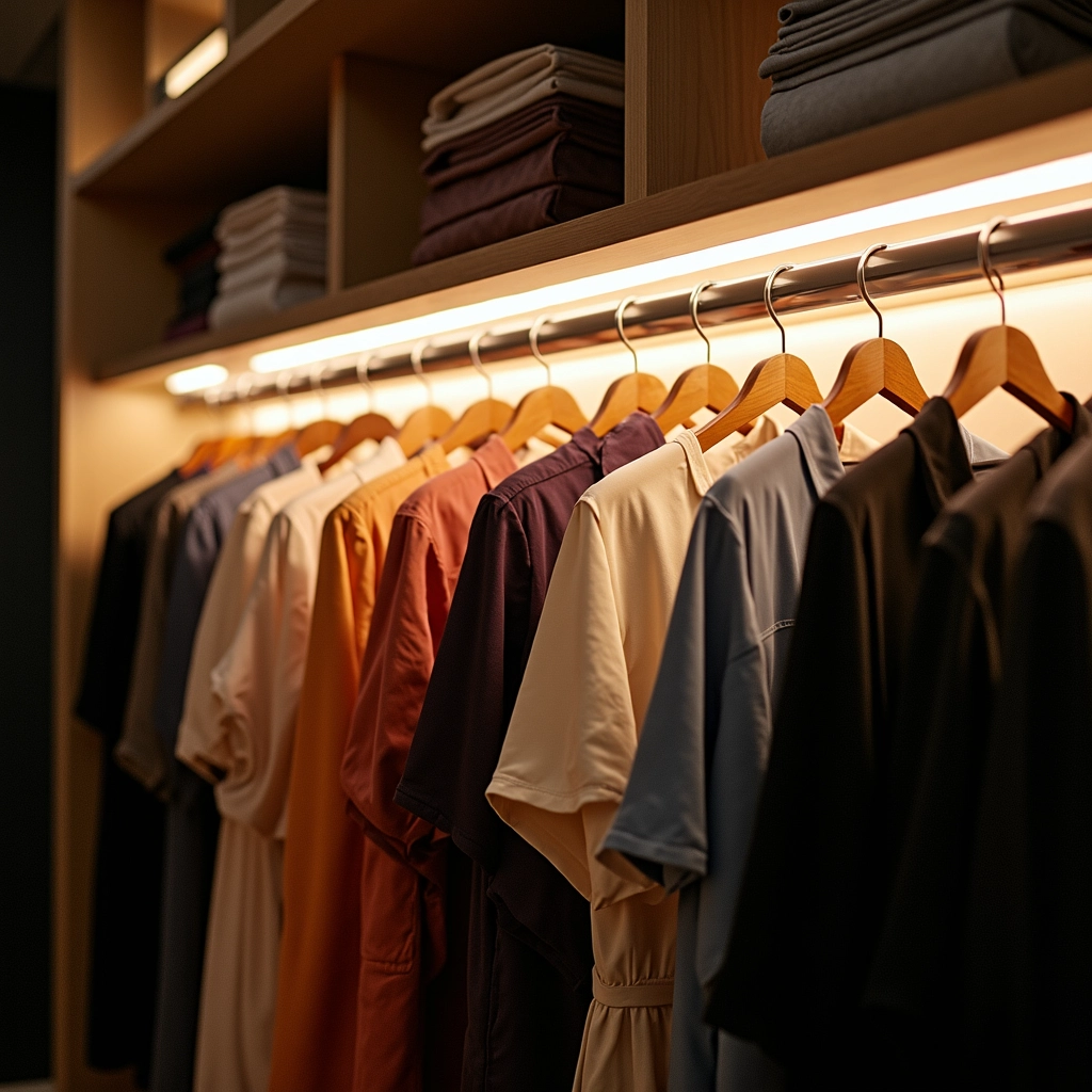 Invista em um bom sistema de iluminação para facilitar a visualização dos vestidos. Um closet bem iluminado com diferentes tipos de iluminação.