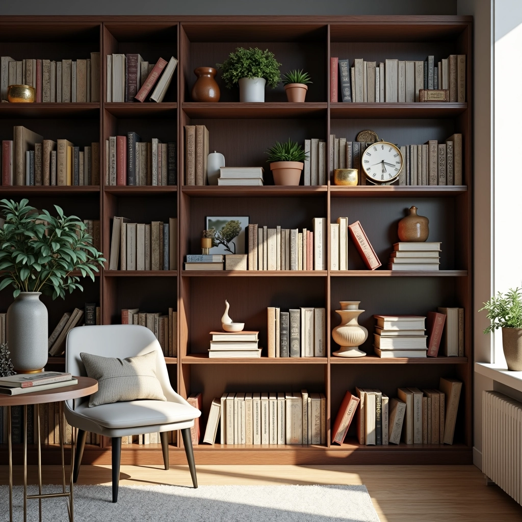 Uma estante de livros bem organizada em uma casa, transmitindo a ideia de organização e aconchego.