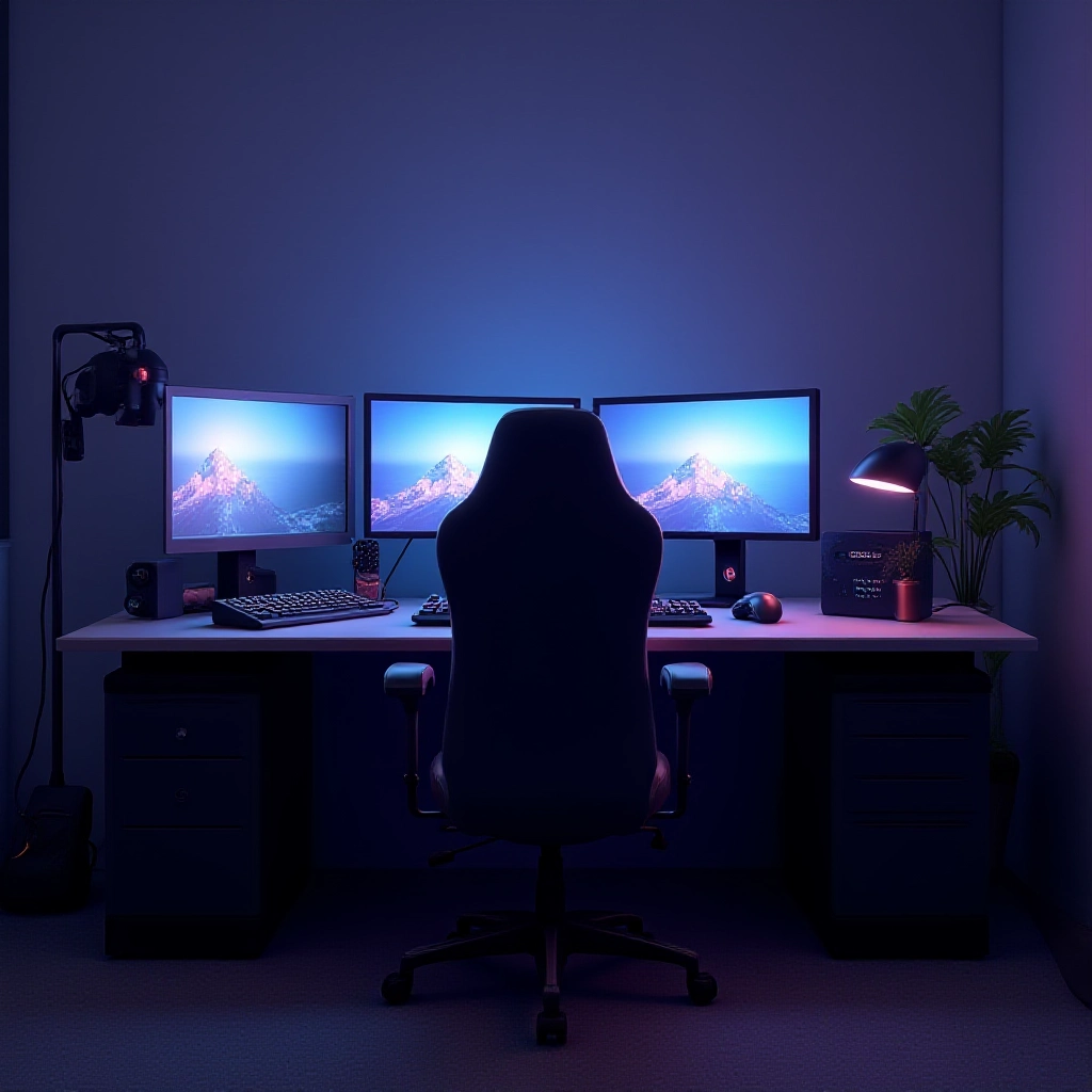 Um quarto gamer organizado e convidativo com iluminação vibrante e equipamentos bem dispostos.