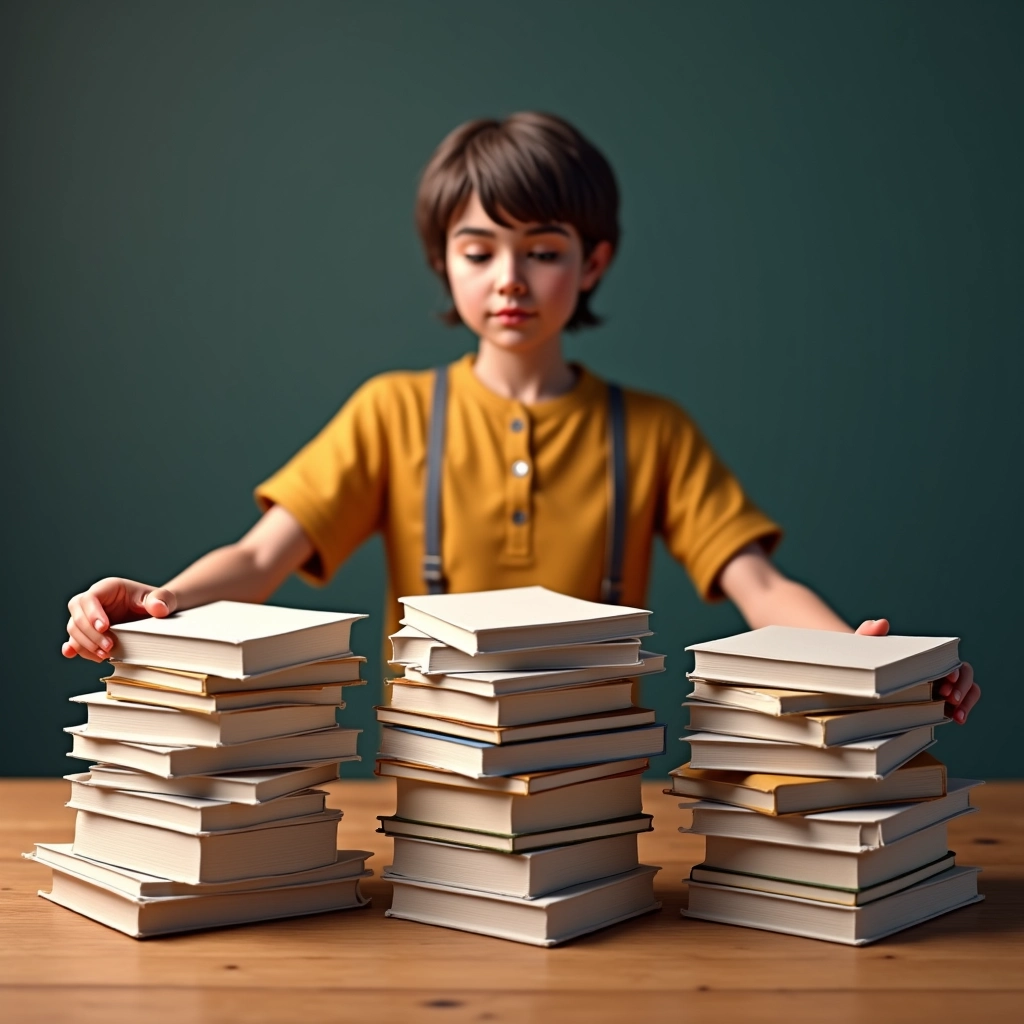 Uma pessoa separando livros em pilhas: manter, doar e descartar.
