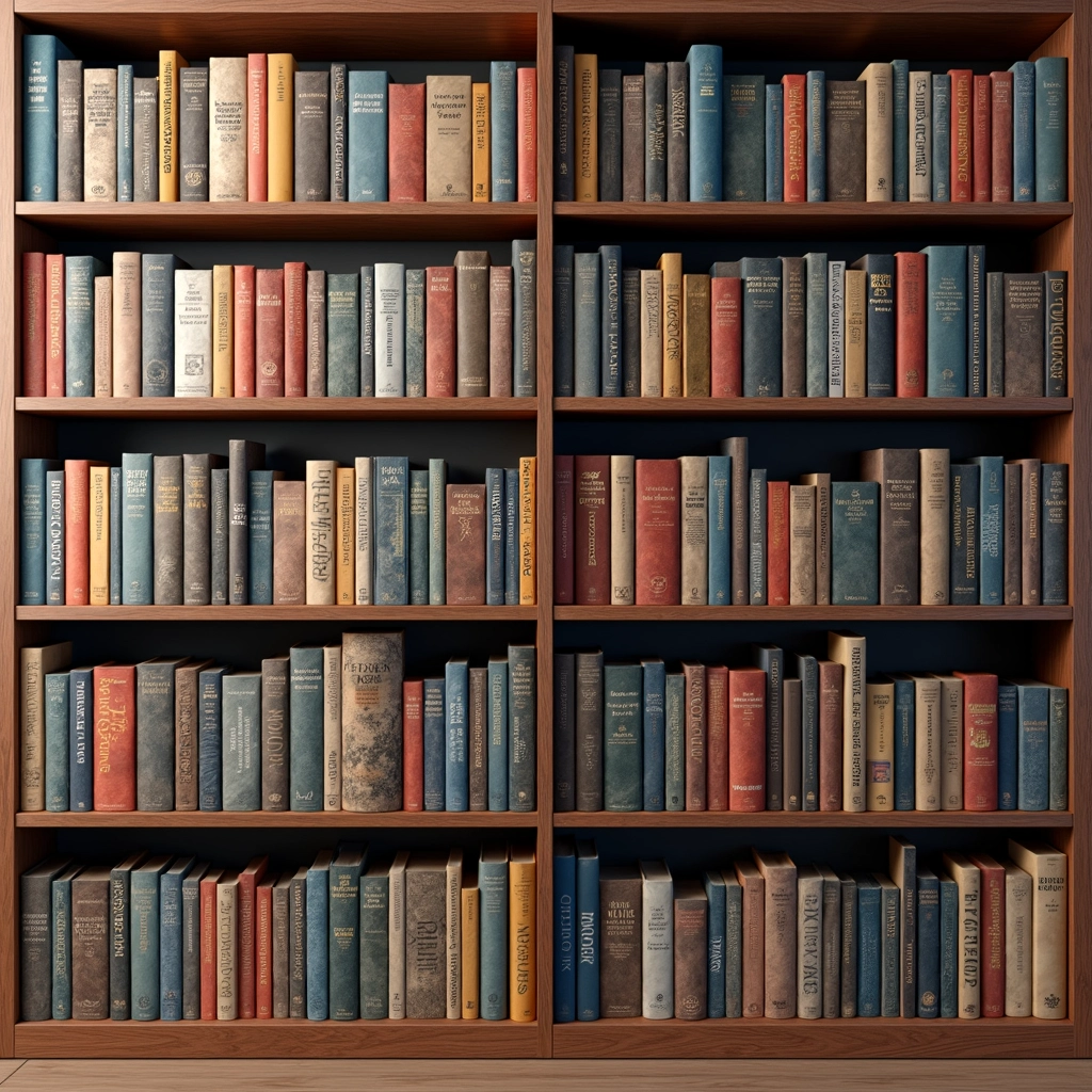 Estante de livros organizada por gênero e cor.