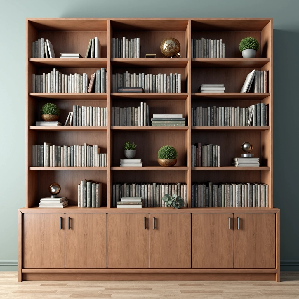 Prateleiras de diferentes tamanhos e materiais, exibindo livros organizados.
