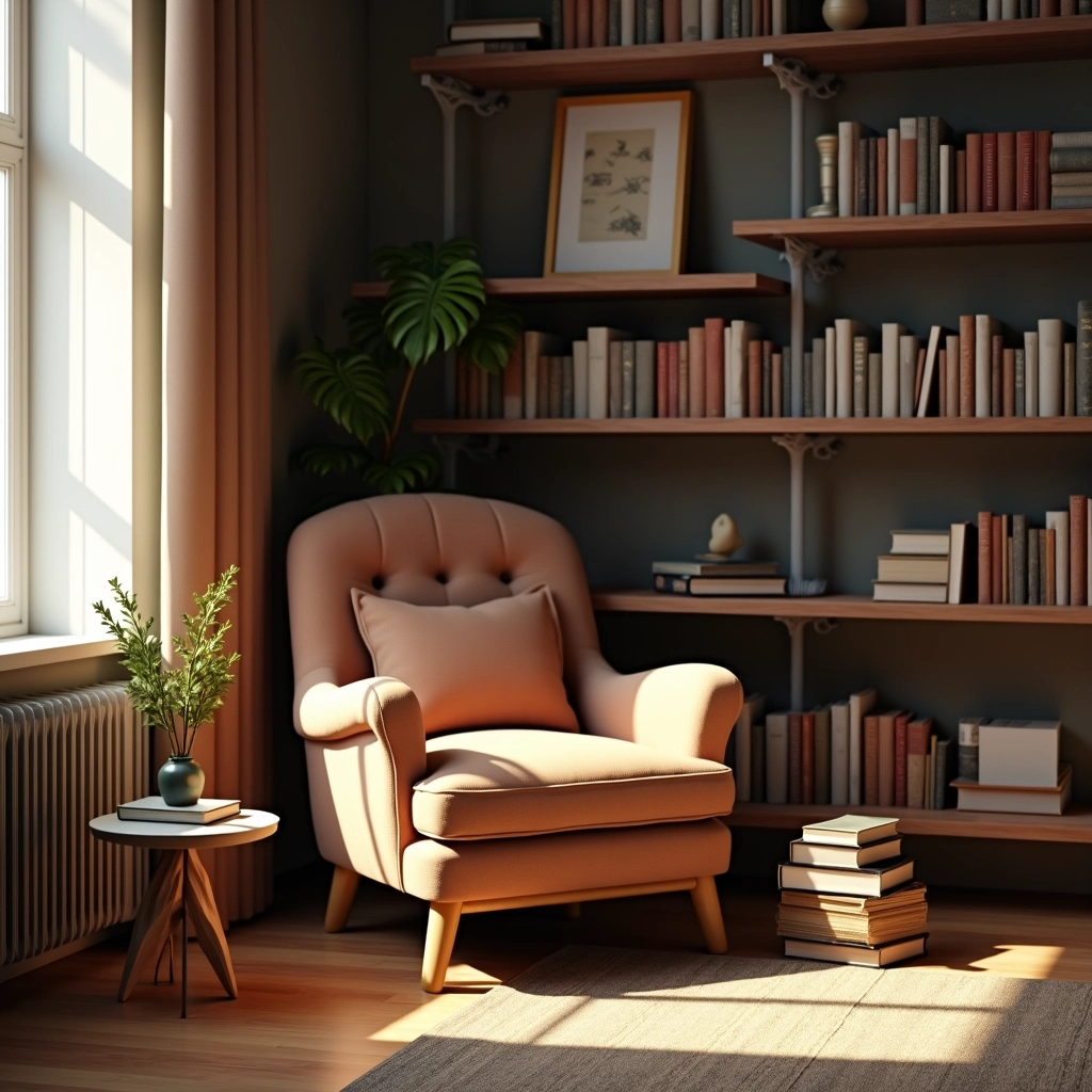Um cantinho de leitura aconchegante com poltrona confortável, luminária e livros.