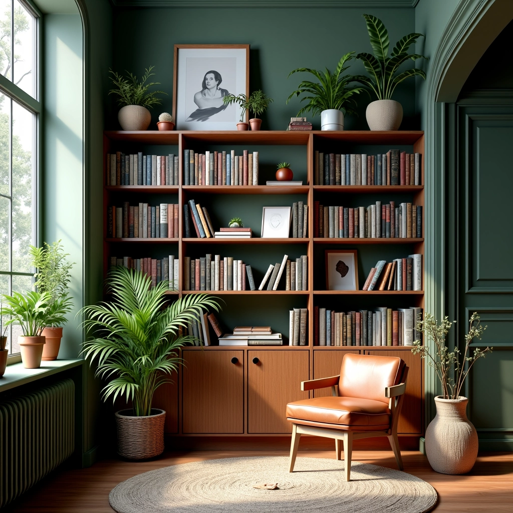 Biblioteca decorada com plantas, quadros e objetos pessoais.