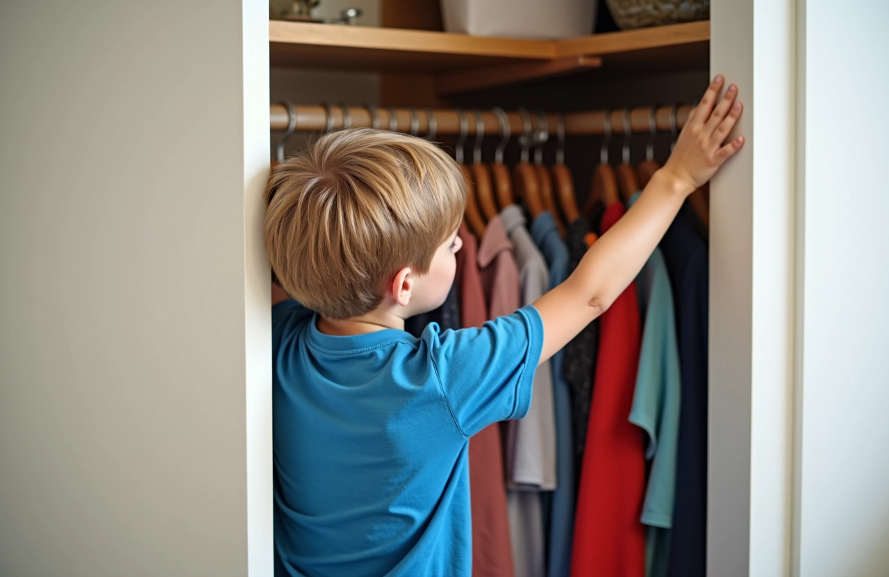 Uma criança guardando suas roupas no guarda roupa.