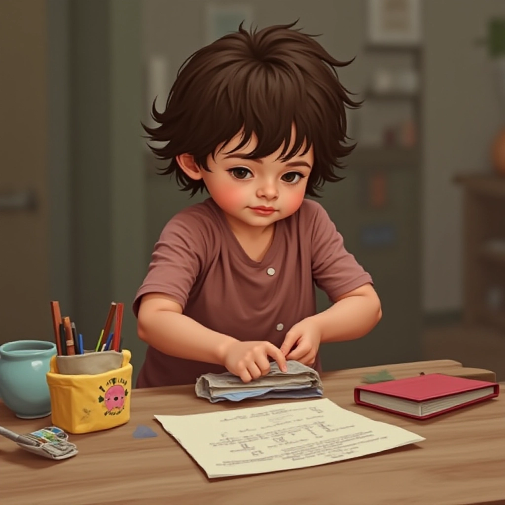 Criança arrumando seus materiais escolares após o uso.