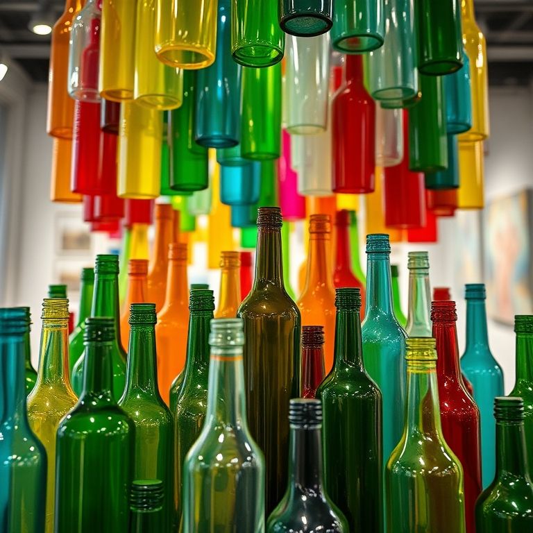 Instalação de arte criativa com garrafas de vidro coloridas.