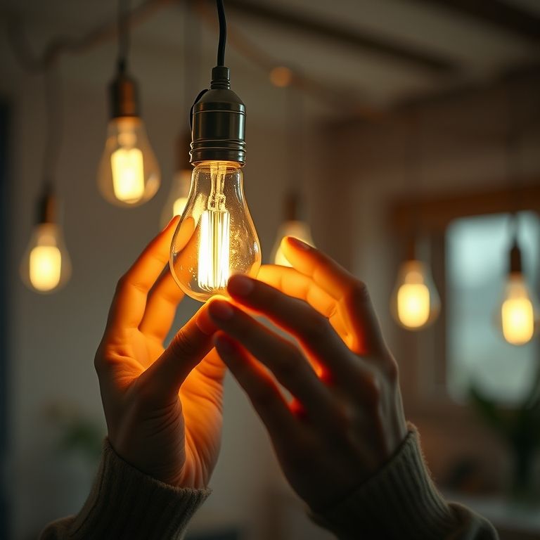 Instalando lâmpada na luminária de barbante.