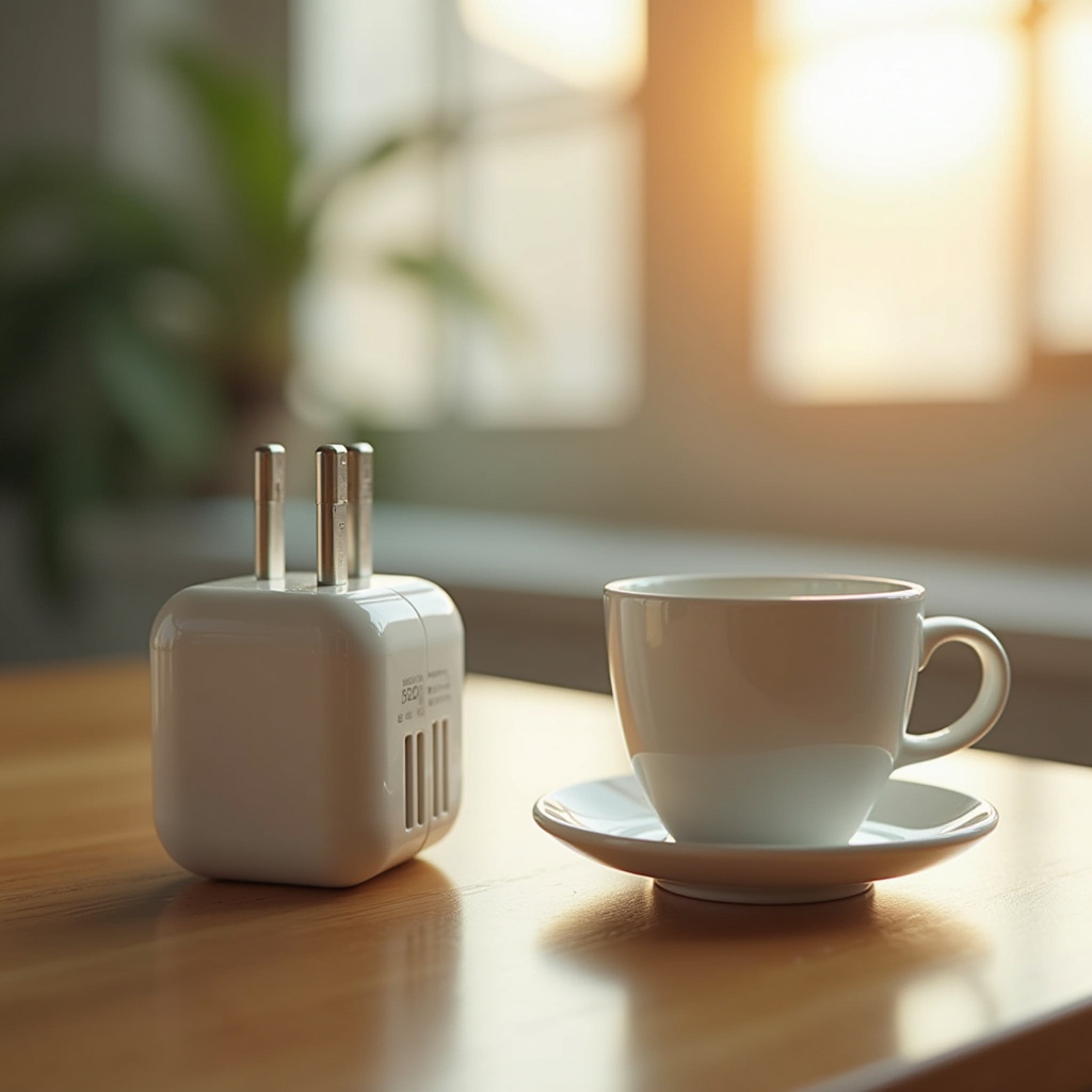 International travel adapter, phone charger, bright setting, natural light, 8K quality, Adaptadores para viagens internacionais.