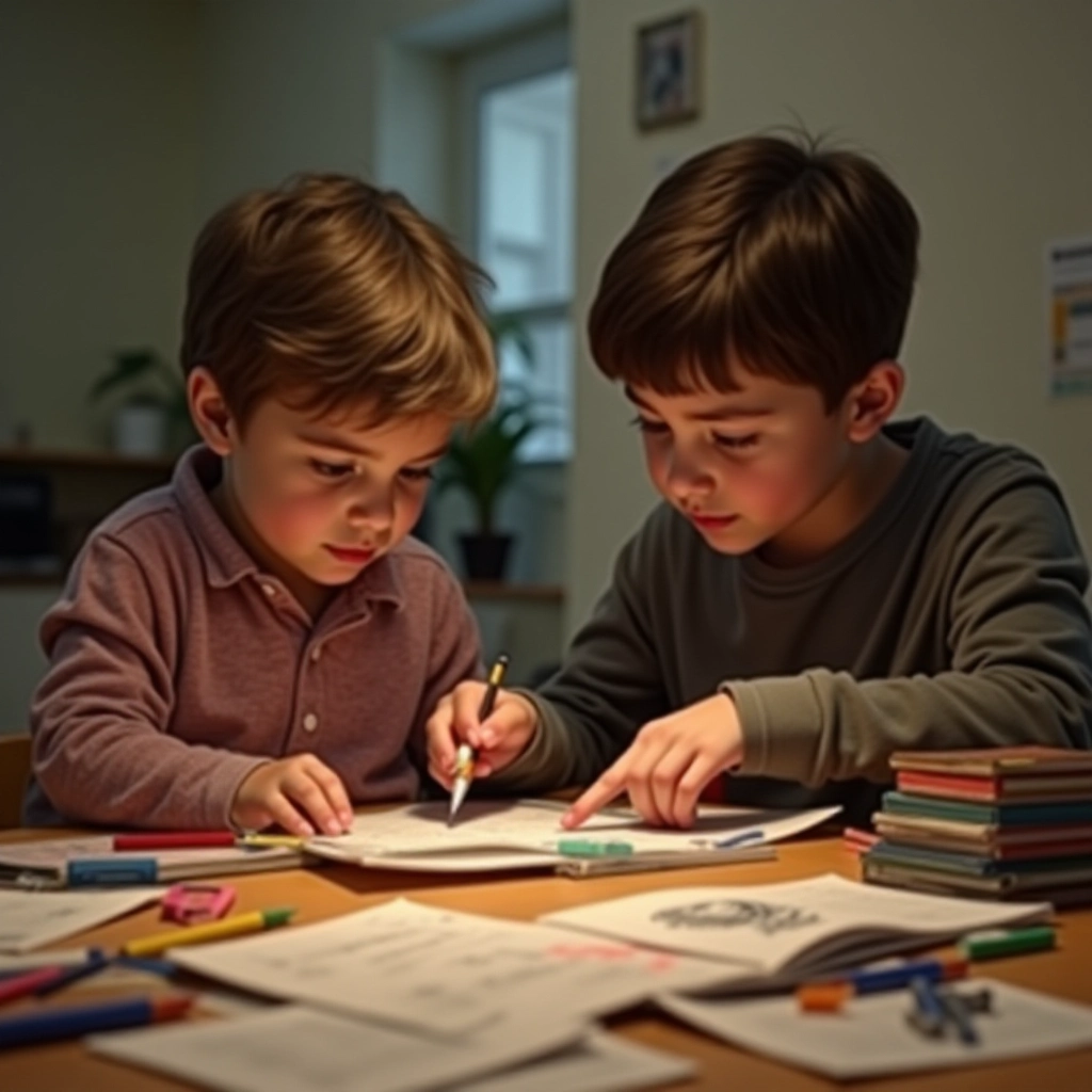 Uma criança e um adulto fazendo um inventário do material escolar sobre uma mesa.