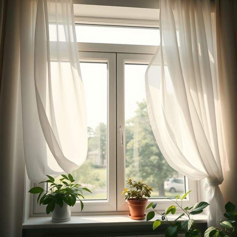 Janela aberta com cortinas ao vento, ar fresco e plantas.