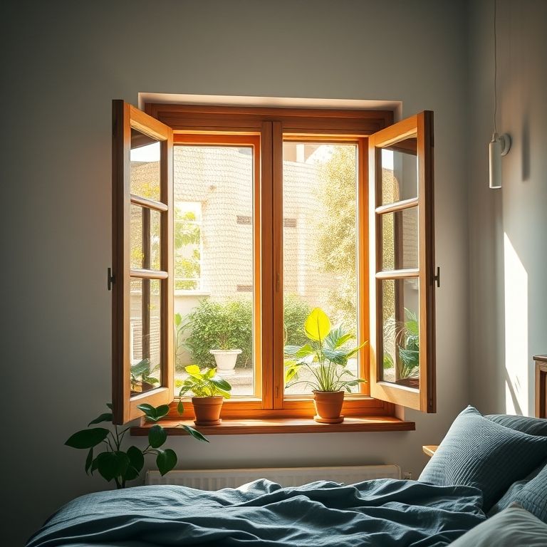 Janela aberta em quarto brasileiro com ventilação natural.