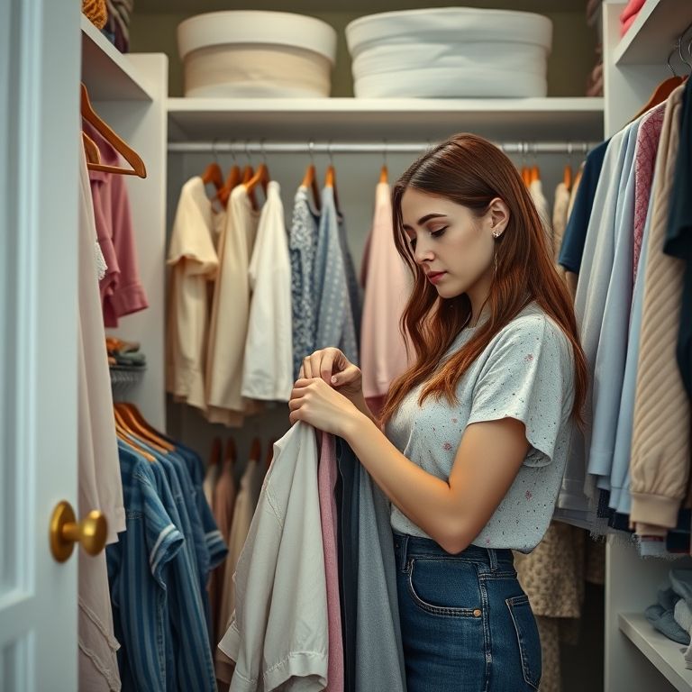 Jovem organizando roupas em um armário de quarto de menina.