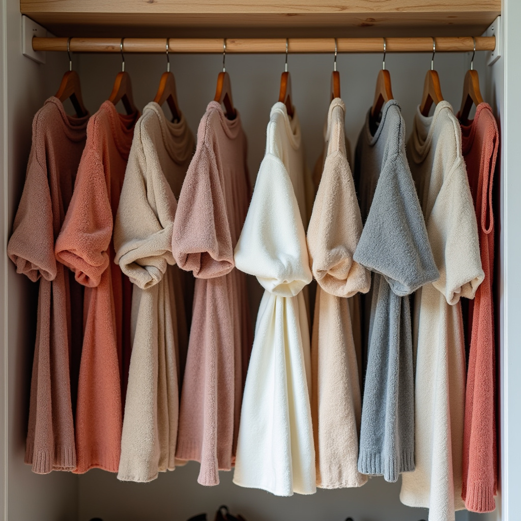 Knitted dresses folded neatly on shelves. Closet organization. 8k, professional photography, Vestidos de malha dobrados em prateleiras.