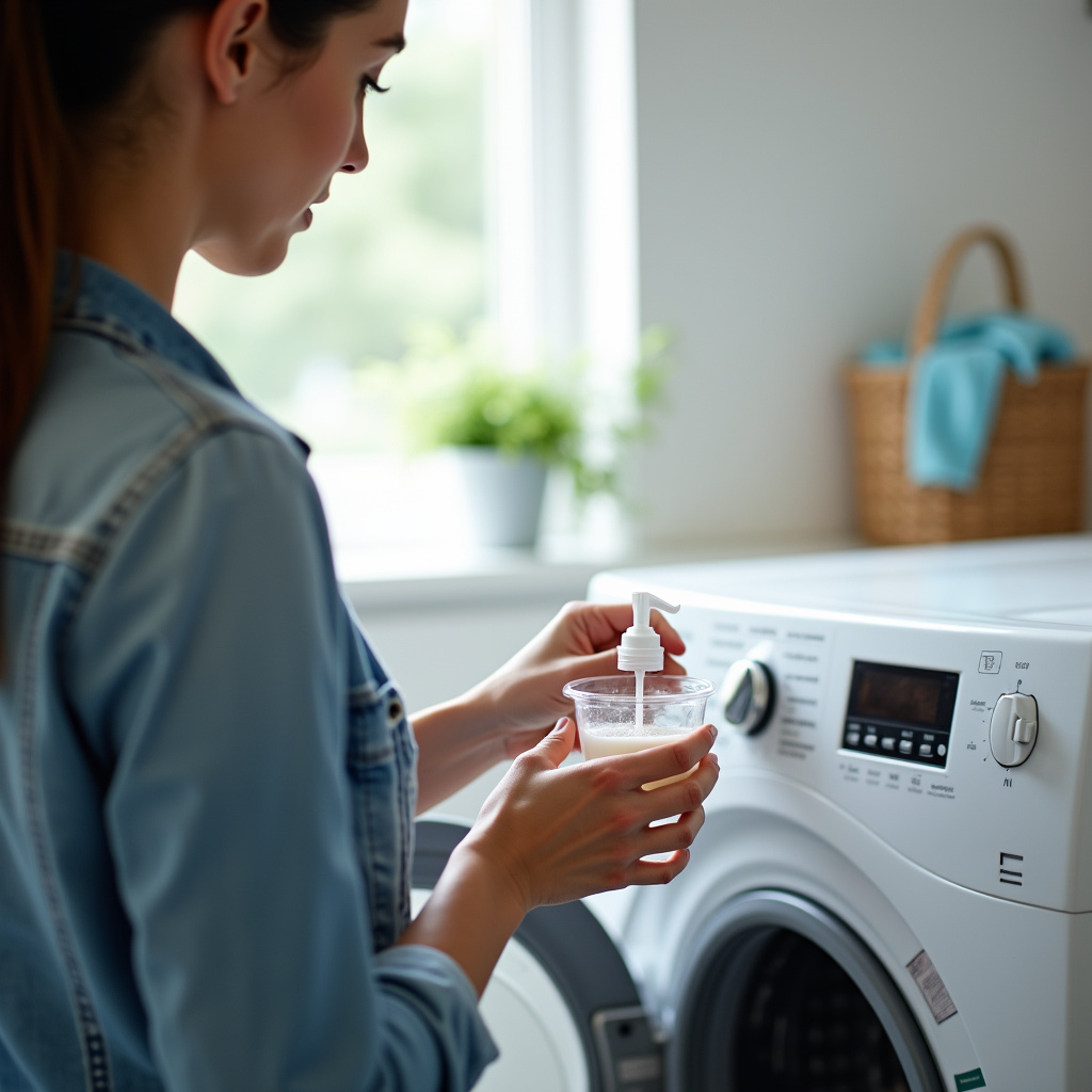 Laundry machine with liquid soap dispenser, woman pouring correct amount, measuring cup, natural Dosagem correta de sabão líquido na máquina de lavar.