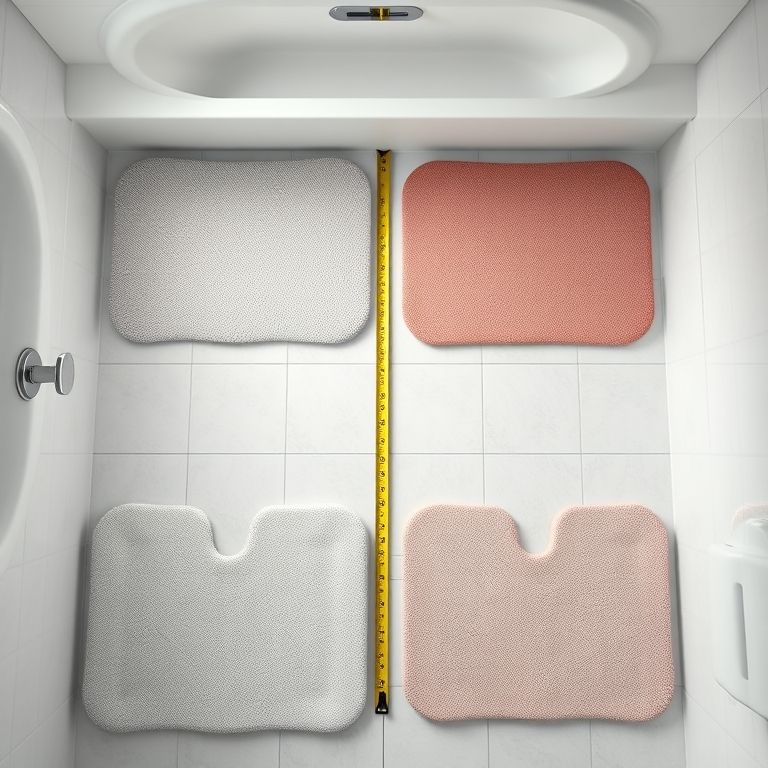 Layout de banheiro com diferentes tamanhos de tapetes, demonstrando o tamanho ideal para cada espaço e necessidade.