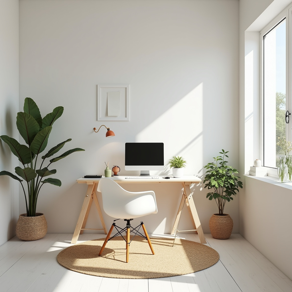 Light colors for small home office, white walls, minimalist furniture, bright, airy, Brazilian Cores claras ampliando espaço em home office pequeno e iluminado.