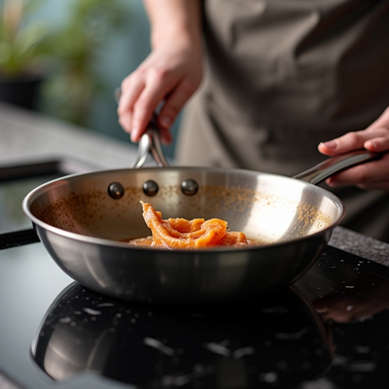 Limpando panela de inox queimada com produto específico.