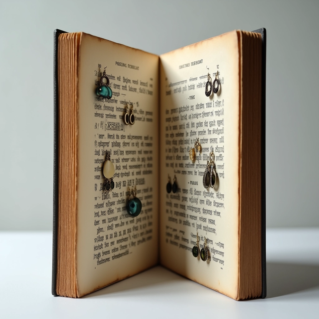 Um livro antigo com recortes para encaixar brincos.