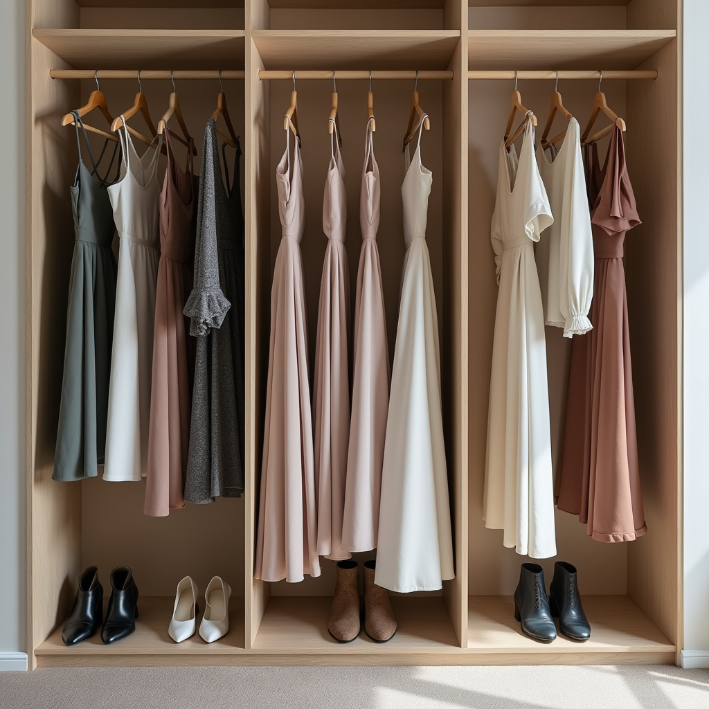 Long dresses neatly hung, avoiding touching the floor. Closet organization. 8k, professional Vestidos longos pendurados sem arrastar no chão.