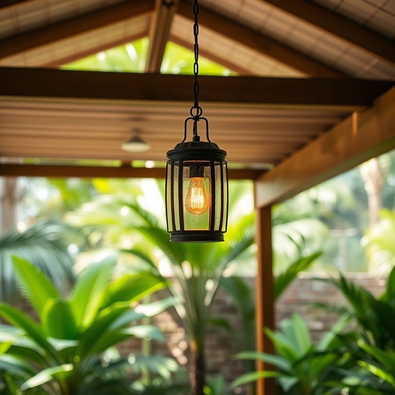 Luminária de barbante em área externa coberta.