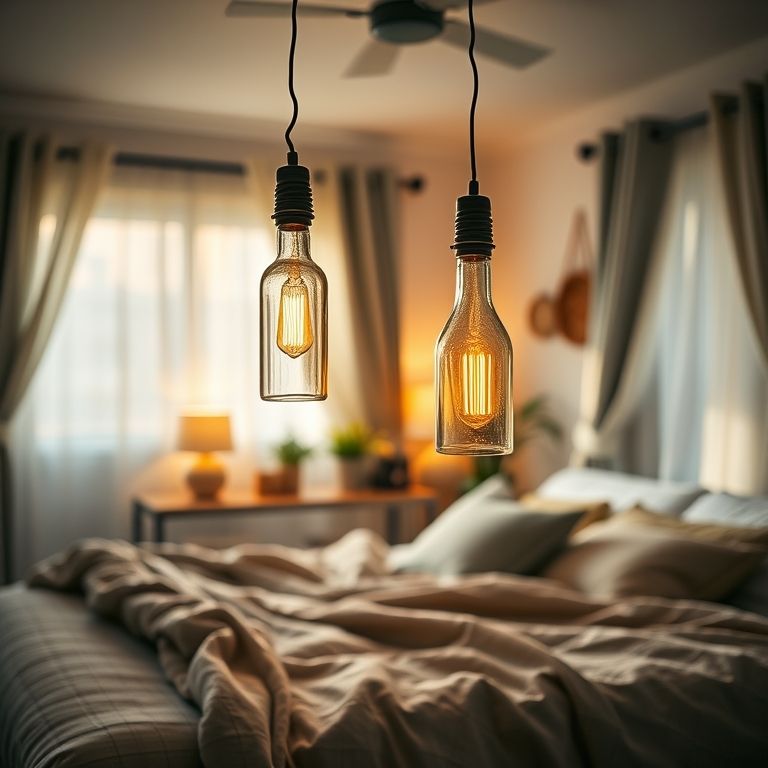 Luminárias feitas de garrafas iluminando um quarto aconchegante.