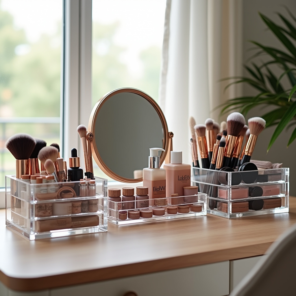 Makeup dresser with acrylic organizers, separated products, clean brushes, natural light, lifestyle Cômoda de maquiagem organizada com acrílico.