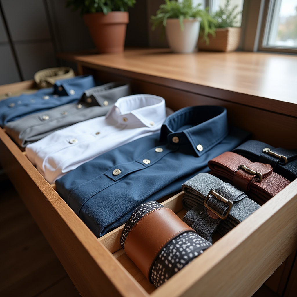 Man's dresser drawers, folded shirts, organized socks, belts, natural light, lifestyle photography, Cômoda masculina organizada com roupas dobradas.