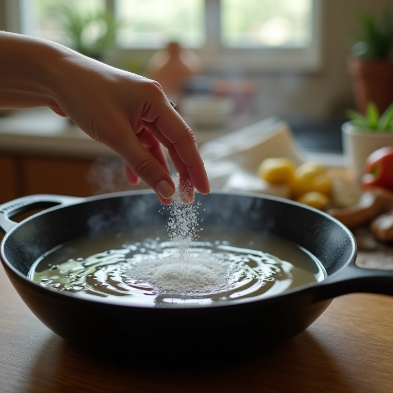 Mão adicionando sal em panela queimada com água para limpeza.