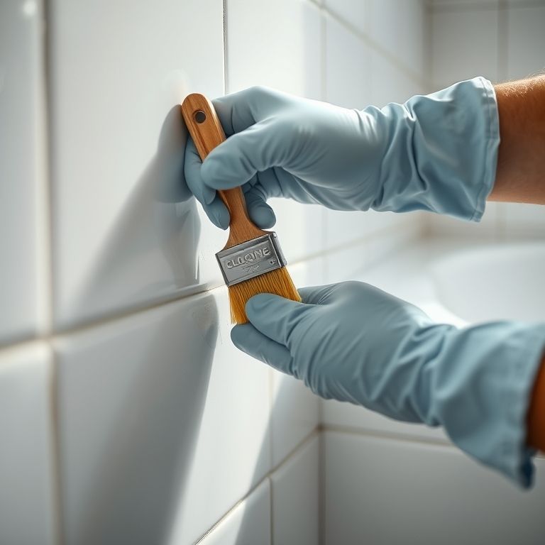 Mão aplicando cuidadosamente cloro em gel no rejunte do banheiro com luvas.
